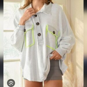 Bucket List Oversized Long sleeve banded cuff Neon Yellow Piping Sweater Sz M